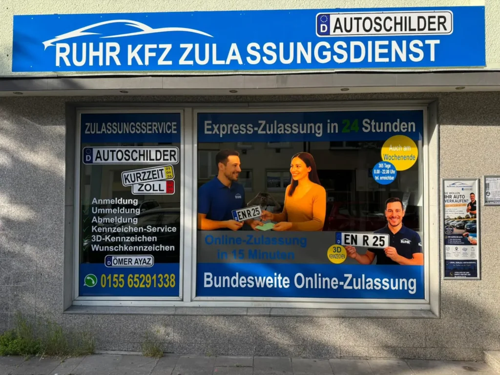 Schaufenster und Firmenschild von RUHR KFZ ZULASSUNGSDIENST
